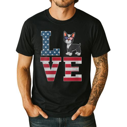 4th Of July Decor Patriotic LOVE Boston Terrier USA Flag Men's Casual T-Shirt - Bostonterriersmerch.com