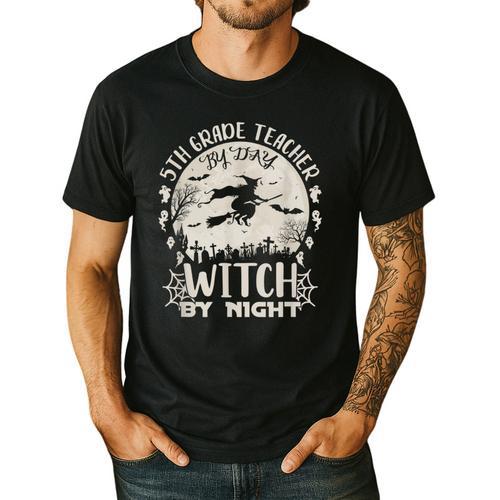 5th Grade Teacher By Day Witch By Night Halloween Men's Casual T-Shirt - teacherstshirts.com