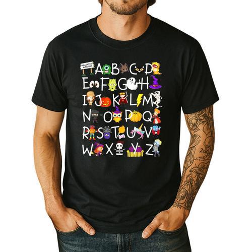 Alphabet ABCs Halloween Characters Kindergarten Teacher Kids Men's Casual T-Shirt - teacherstshirts.com