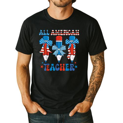 All American Teacher Pencil Coquette Bow USA Flag Teachers Men's Casual T-Shirt - teacherstshirts.com UK