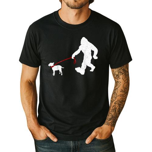 Bigfoot Walking With Bull Terrier Dog Men's Casual T-Shirt - Bostonterriersmerch.com