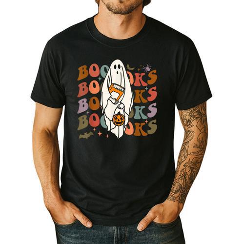 Booooks Ghost Halloween Groovy Vintage Teacher Book Reading Men's Casual T-Shirt - teacherstshirts.com CA