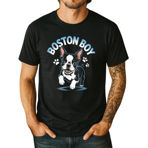 Boston Terrier Boy Cute Cartoon Dog Owner Pet Boston Terrier Men's Casual T-Shirt - Bostonterriersmerch.com