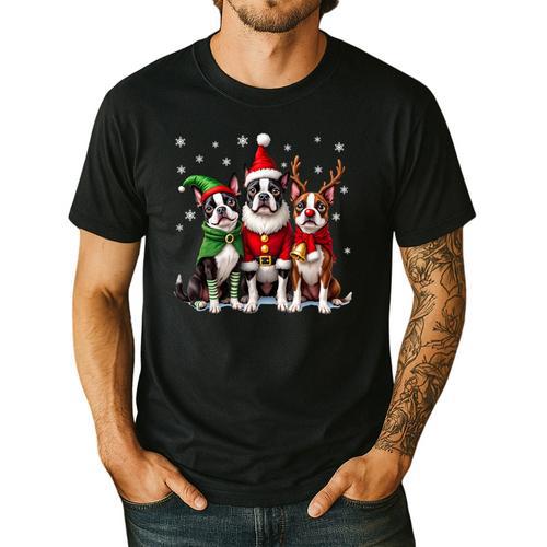Boston Terrier Christmas Dogs Santa Reindeer Elf Men's Casual T-Shirt - Bostonterriersmerch.com