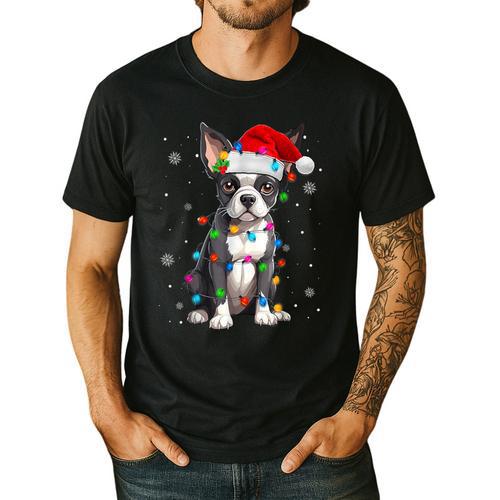 Boston Terrier Christmas Santa Hat Tree Lights Pajama Men's Casual T-Shirt - Bostonterriersmerch.com