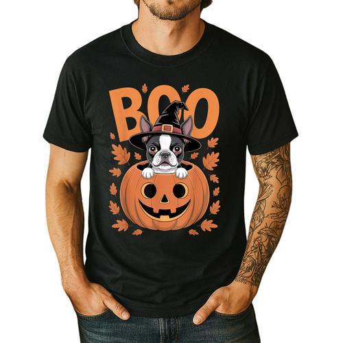 Boston Terrier Costume On Pumpkin Halloween Boston Terrier Men's Casual T-Shirt - Bostonterriersmerch.com