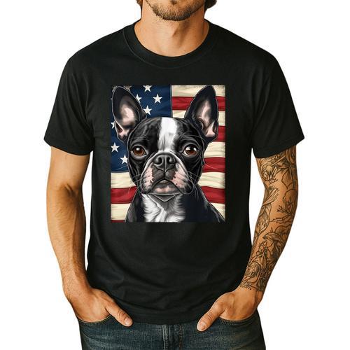 Boston Terrier Dog American Flag 4th Of July Patriotic Puppy Men's Casual T-Shirt - Bostonterriersmerch.com