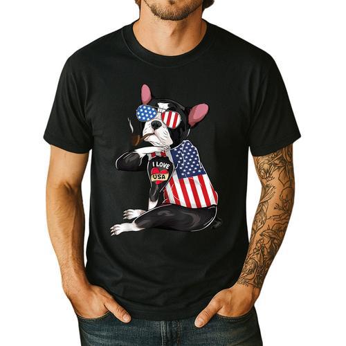 Boston Terrier Dog Merica 4th Of July Usa American Flag Men Men's Casual T-Shirt - Bostonterriersmerch.com