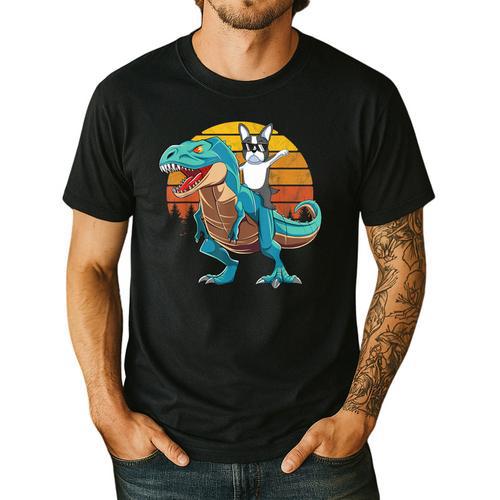 Boston Terrier Dog Riding Dinosaur T Rex Boys Men's Casual T-Shirt - Bostonterriersmerch.com
