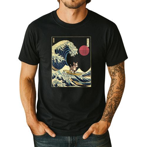 Boston Terrier Japanese Kanagawa Wave Surf Dog Men's Casual T-Shirt - Bostonterriersmerch.com