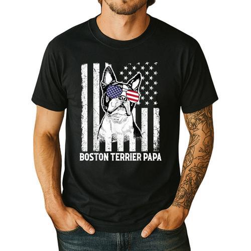 Boston Terrier Papa Cool Dog Lover USA American Flag Men Women Men's Casual T-Shirt - Bostonterriersmerch.com