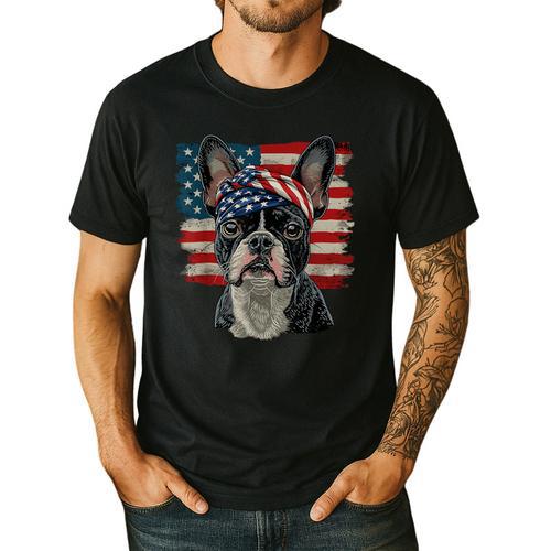 Boston Terrier Patriotic 4th Of July USA American Flag Men's Casual T-Shirt - Bostonterriersmerch.com
