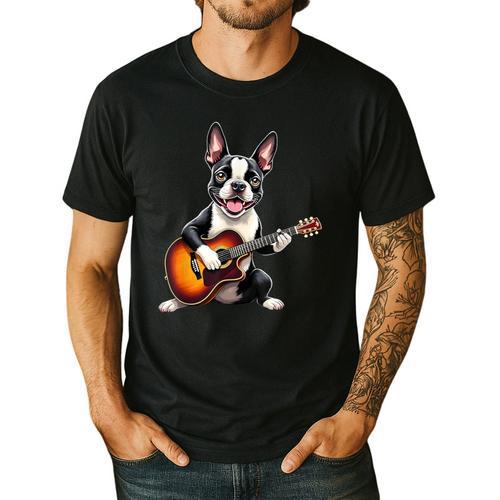 Boston Terrier Playing Guitar Boston Terrier Men's Casual T-Shirt - Bostonterriersmerch.com