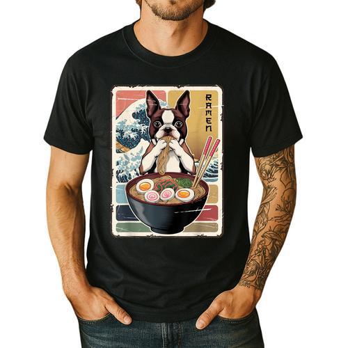 Boston Terrier Ramen Noodles Japanese Art Retro Ocean Waves Men's Casual T-Shirt - Bostonterriersmerch.com