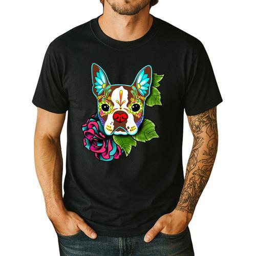 Boston Terrier In Red Day Of The Dead Sugar Skull Dog Men's Casual T-Shirt - Bostonterriersmerch.com