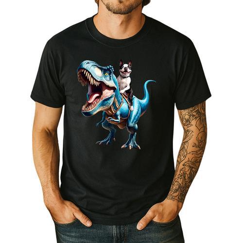 Boston Terrier Riding T-Rex Dinosaur Dog Lover Men's Casual T-Shirt - Bostonterriersmerch.com