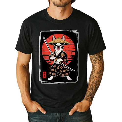 Boston Terrier Samurai Ninja Vintage Anime Japanese Ukiyo-e Men's Casual T-Shirt - Bostonterriersmerch.com