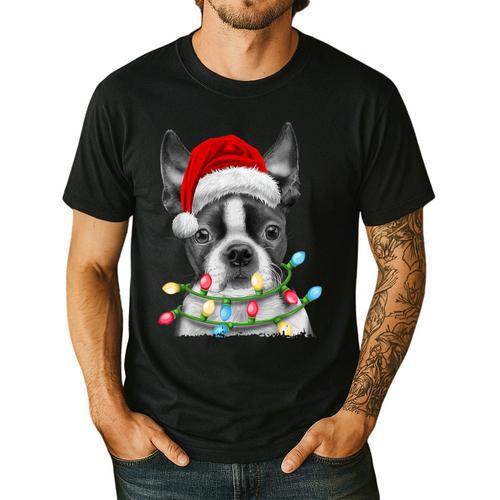 Boston Terrier Santa Christmas Tree Lights Xmas Boys Men Dog Men's Casual T-Shirt - Bostonterriersmerch.com