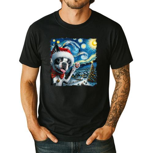 Boston Terrier Santa Starry Night Van Gogh Christmas Dog Men Women Kids Men's Casual T-Shirt - Bostonterriersmerch.com