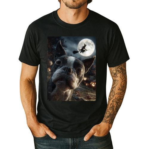 Boston Terrier Selfie Full Moon Flying Witch Halloween Dog Men's Casual T-Shirt - Bostonterriersmerch.com