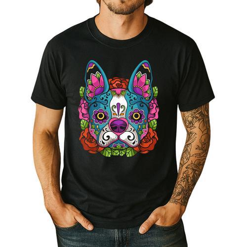 Boston Terrier Sugar Skull Dog Day Of The Dead Men's Casual T-Shirt - Bostonterriersmerch.com