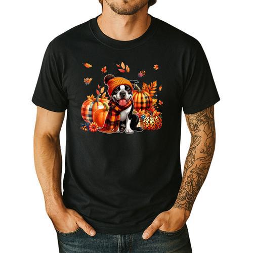 Boston Terrier Thanksgiving Leopard Pumpkins Fall Leaves Men's Casual T-Shirt - Bostonterriersmerch.com