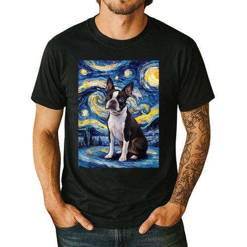 Boston Terrier Van Gogh Starry Night Men's Casual T-Shirt - Bostonterriersmerch.com