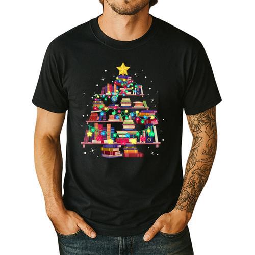 Christmas Library Tree Love Reading Books Nerd Teacher Men's Casual T-Shirt - teacherstshirts.com