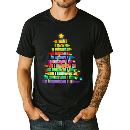 Christmas Tree Made Of Crayons School Teacher Life Student Men's Casual T-Shirt - teacherstshirts.com