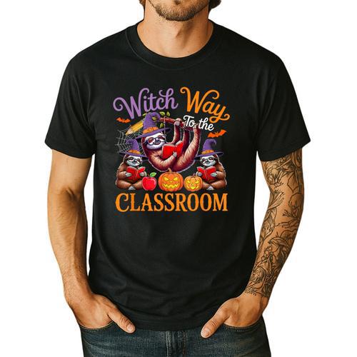 Way To Classroom Halloween Witch Three Cute Sloths Teacher Men's Casual T-Shirt - teacherstshirts.com