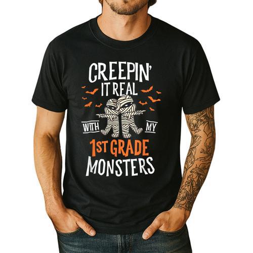 Creepin It Real With My 1st Grade Monsters Halloween Teacher Men's Casual T-Shirt - teacherstshirts.com AU