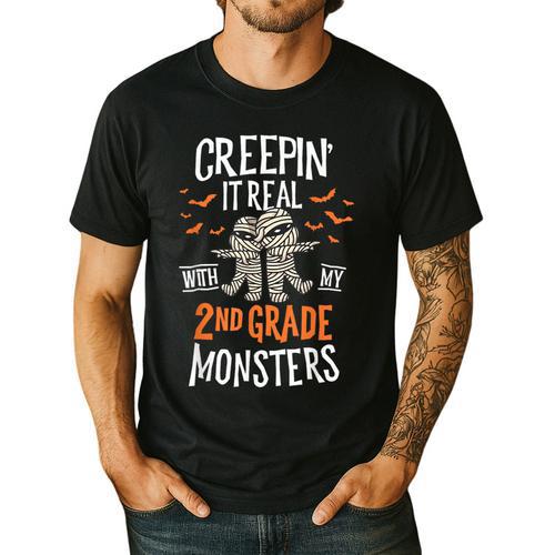 Creepin It Real With My 2nd Grade Monsters Halloween Teacher For Men Women Kids Men's Casual T-Shirt - teacherstshirts.com UK