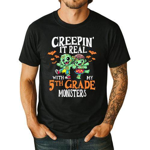 Creepin It Real Monster School 5th Grade Teacher Halloween Men's Casual T-Shirt - teacherstshirts.com UK