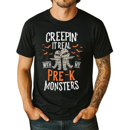 Creepin It Real Pre-K Monsters Halloween Preschool Teacher Men's Casual T-Shirt - teacherstshirts.com UK
