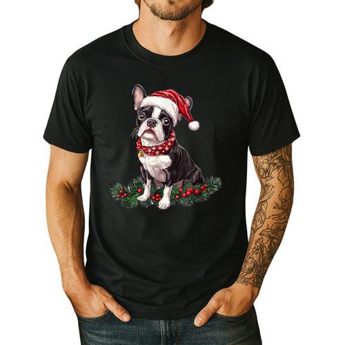Cute Boston Terrier Dog Christmas Merry X-Mas Graphic Men's Casual T-Shirt - Bostonterriersmerch.com