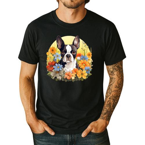 Cute Boston Terrier Spring Flower Garden Colorful Puppy Dog Men's Casual T-Shirt - Bostonterriersmerch.com
