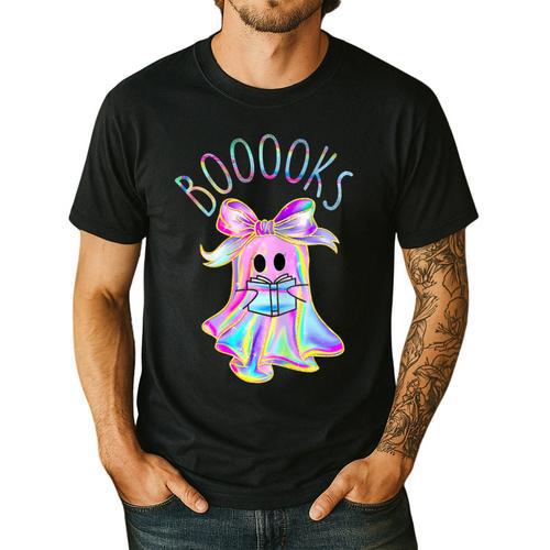 Cute Ghost Book Reading Halloween Teacher Top Girls Women Men's Casual T-Shirt - teacherstshirts.com UK