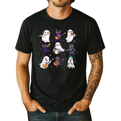 Cute Ghost Cat Playing Musical Halloween Music Teacher Men's Casual T-Shirt - teacherstshirts.com