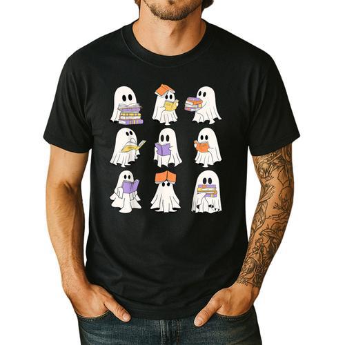 Cute Ghost Reading Books Teacher Halloween Reading Men Women Kids Men's Casual T-Shirt - teacherstshirts.com