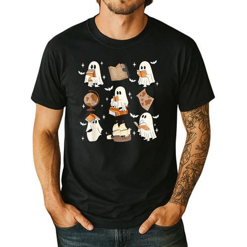 Cute Ghosts Reading Book Bookworm Halloween History Teacher Men's Casual T-Shirt - teacherstshirts.com UK