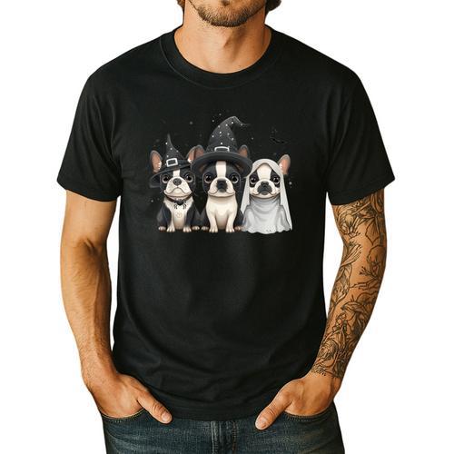 Cute Halloween Boston Terrier Dogs Witch Hat Ghost Dog For Men Women Kids Men's Casual T-Shirt - Bostonterriersmerch.com