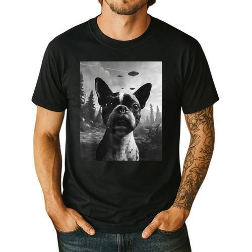 Dog Mom Dad Alien Selfie Boston Terrier UFO For Men Women Men's Casual T-Shirt - Bostonterriersmerch.com