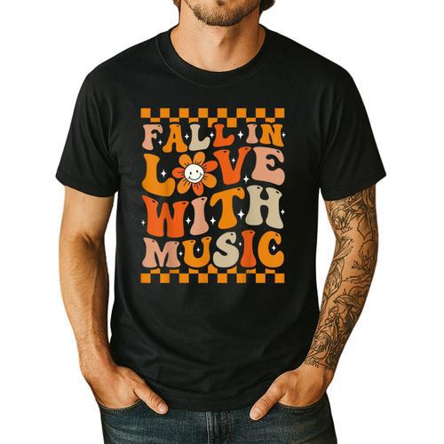 Fall In Love With Music Groovy Thanksgiving Music Teacher Men Women Girls Kids Men's Casual T-Shirt - teacherstshirts.com AU