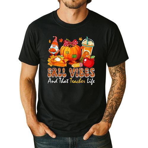 Fall Vibes Costume Teacher Thanksgiving Leopard Gnome Men's Casual T-Shirt - teacherstshirts.com UK