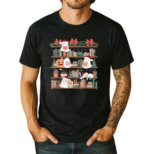 Ghost Christmas Reading Book Lover Library Christmas Teacher Men's Casual T-Shirt - teacherstshirts.com AU