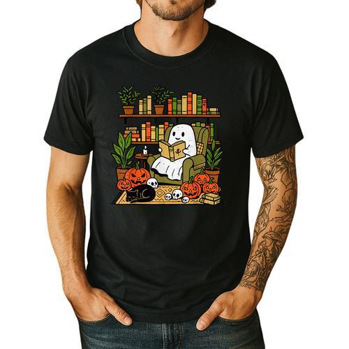 Ghost Library Reading Books Halloween Librarian Teacher Men's Casual T-Shirt - teacherstshirts.com CA