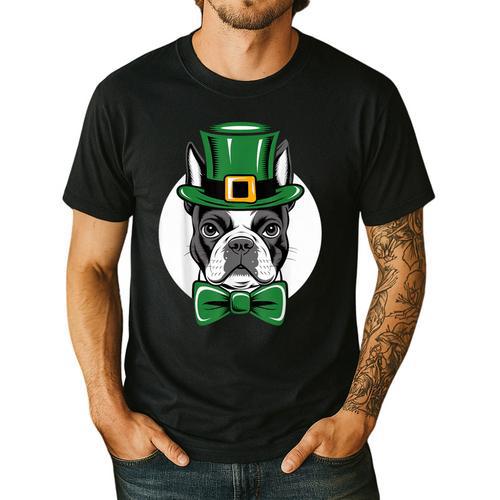 Green Boston Terrier Shamrock St Patricks Day Boston Terrier Men's Casual T-Shirt - Bostonterriersmerch.com