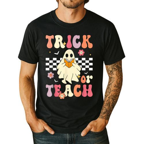 Groovy Teacher Halloween Retro Trick Or Teach Floral Ghost Men's Casual T-Shirt - teacherstshirts.com UK