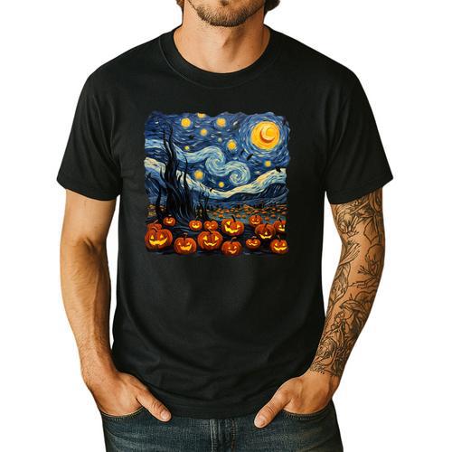 Halloween Pumpkin Starry Night Van Gogh Art Teacher Men's Casual T-Shirt - teacherstshirts.com DE