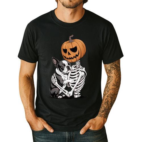 Halloween Skeleton Boston Terrier Men's Casual T-Shirt - Bostonterriersmerch.com